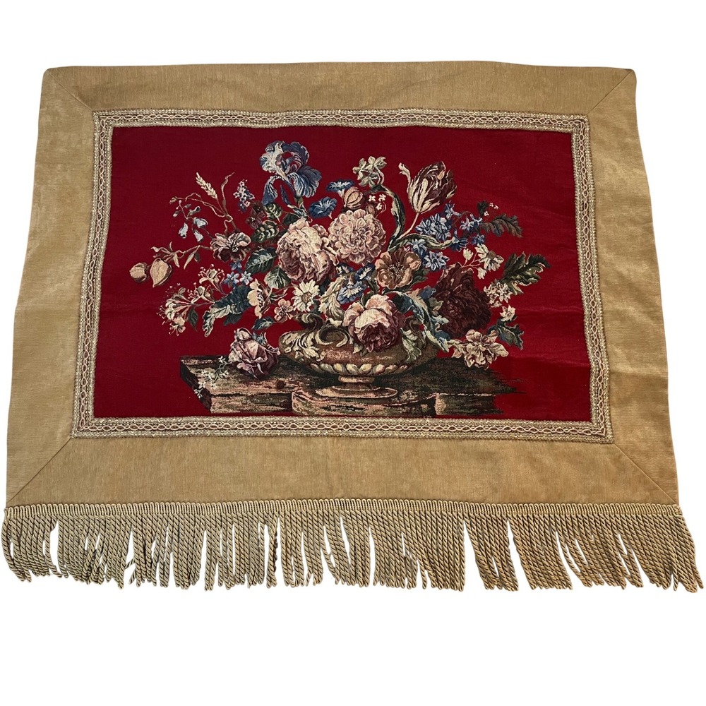 Vintage Floral Tapestry French Country Gold Fringe and Braided Border
